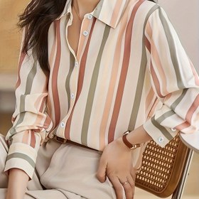 Resim Kadınlar için Rahat Çizgili Uzun Kollu Düğmeli Gömlek - Hafif Polyester, Bej, Kahverengi & Beyaz Klasik Dikey Çizgiler, Her Mevsim İçin Rahat, Günlük Kıyafetler İçin Mükemmel 