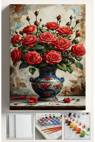 Resim Corvo Sayılarla Boyama Çerçeveli Hobi Seti Numaralı Tuval Fırça Boya Kasnaklı 40X50 Cm KIRMIZI GÜL VAZO 