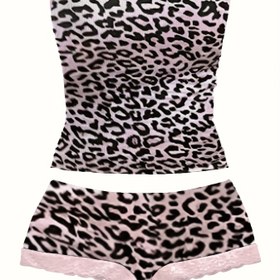 Resim Kadınlar için Askısız Üst, Dantel Detaylı Askısız Üst, Kadınlar için Günlük Pantolon Takımı, Sevimli Kadın Pantolon Takımı, Moda Kadın Kıyafeti, Leopar Desenli Kadın Kombinasyonu 