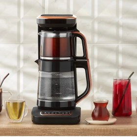 Resim Karaca Çaysever Robotea Pro 4 In 1 Konuşan Otomatik Premium Cam Çay Makinesi Su Isıtıcı ve Filtre Kahve Demleme Makinesi 2500W Black Copper 
