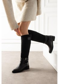 Resim Shoetek Suadx Kadın Çizme Kalın Topuku Bilekten Dolamalı Bantlı Siyah Süet Siyah Deri Siyah 