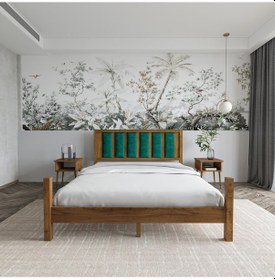 Resim Orion Model Zümrüt Yeşili Puflu Başlıklı Ceviz Renk Çam Ahşap Karyola Ve İki Komodin Set-236 90 x 190 