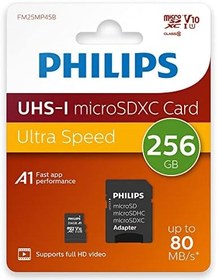 Resim Philips Ultra Speed microSDXC Card 256 GB + SD adaptörü UHS-I U1, 80 MB/s'ye kadar okuma hızı, A1 hızlı uygulama performansı, V10, akıllı telefonlar, tablet, bilgisayar, kart okuyucu, Full HD video 