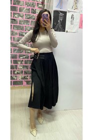 Resim EGELİMODA Siyah Kemerli Midi Boy Kloş Etek 