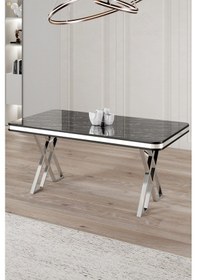 Resim Canisa Vals Serisi 80x130 Lak Panel Siyah Mermer Desen Masa Takımı Krom Ayaklı 4 Gri Sandalye Masa Siyah Mermer Desen Sandalye Gri 