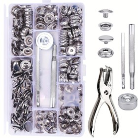 Resim 50 Takım Paslanmaz Çelik Dört Birlikte Toka Kiti, Kurulum Araçları ve 15mm Tokalarla, Tekne Kapakları, Deri Dikiş, Kanvas, Kot Pantolon, Ceketler, Çantalar, Giysiler vb. DIY İşlemleri İçin Uygun 