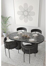 Resim Avvio Retro Teddy Sandalye Ptt Silindir Ayak 80x160 Ovalyemek Masası Mutfak Masası Masa Sandalye Takımı Siyah Mermer 