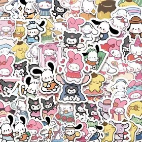 Resim 100pcs Sanrio Stickers Suit-Cute Hello Kitty, for Cinnamoroll & for Kuromi Vinyl Stickers for Water Bottles, Skateboards, Luggage | Durable PVC Anime Stickers Cute Stickers Kawaii 