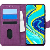 Resim Xiaomi Redmi Note 9 Pro Kılıf Fabric Book Wallet Mor Microsonic