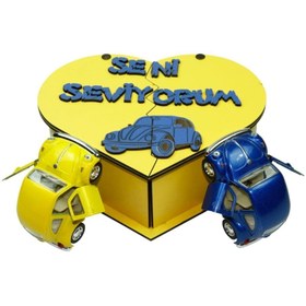 Resim Vardem Seni Seviyorum Yazılı Ahşap Vosvos Hediye Seti Sarı Lacivert 