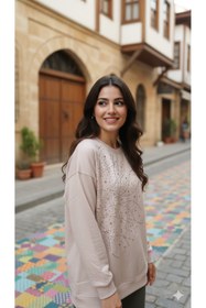 Resim Butik Triko Görünümlü Taş Baskılı Bisiklet Yaka Tesettür Tunik Bluz 