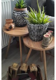 Resim 2'li Zigon Sehpa Seti Saksılık Ve Çiçeklik Standı, Dekoratif Yan Sehpa Ahşap Ayaklı 33 Cm Çap - Atlantik Çam Atlantik Çam 