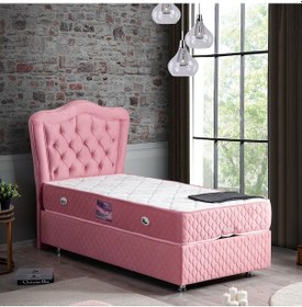 Resim Setaymobilya Baza, Camelli Pembe Tek Kişilik Baza + Başlık + Ortopedik Yatak 