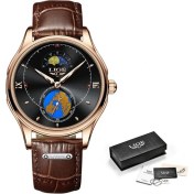 Resim Hanyang Altın Siyah 2021 Lıge Yeni Moda Erkek Saatler Üst Marka Lüks Ay Fazı Erkekler Kuvars Saatı Erkek Saat Deri Su Geçirmez Spor Saat (Yurt Dışından) 