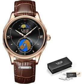 Resim Hanyang Altın Siyah 2021 Lıge Yeni Moda Erkek Saatler Üst Marka Lüks Ay Fazı Erkekler Kuvars Saatı Erkek Saat Deri Su Geçirmez Spor Saat (Yurt Dışından) 