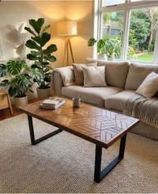 Resim MİRRORSS Ahşap ceviz renk Orta Sehpa - 3D Geometrik Desenli Loft Ofis Sehpası (90 X 46 cm ) 