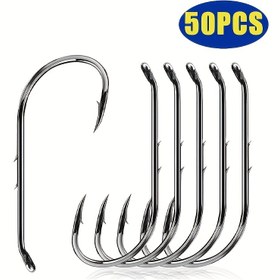 Resim Natufish Yüksek Kaliteli Çok Katmanlı Siyah Nikel Kaplama 50 Adet Set Uzun Saplı Çarpık Ağızlı Çift Arka Delikli Balık Kancaları, Yüksek Karbon Çelik Malzeme Korozyona Dayanıklı Dayanıklı Dikenli Balık Kancaları, Keskin Kanc 