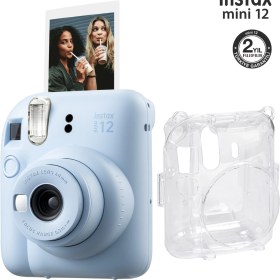 Resim Instax Mini 12 Mavi Fotoğraf Makinesi ve Şeffaf Kılıf Seti 