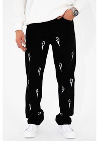 Resim HLT Jeans Erkek Şimşek Baskılı Baggy Fit Likrasız Rahat Kesim %100 Pamuk Loose Jean Kot Pantolon Mcqueen 001 