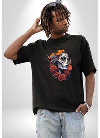 Resim Maske Dövmeli Çiçekli Kız Pamuklu Bisiklet Yaka Unisex Oversize Boyfriend Dijital Baskılı Siyah T-shirt Siyah 