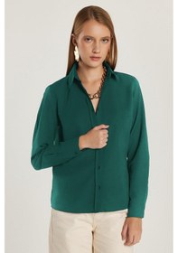 Resim Tudors Kadın Slim Fit Dar Kesim Uzun Kollu Pamuklu Vücuda Oturan Dokulu Yeşil Basic Gömlek-38817 Yeşil 