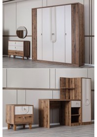 Resim Megan Oda Takımı - 4 Kapaklı Dolap, Çalışma Masası, Şifonyer, Kitaplık, Komodin Çok Renkli 