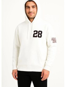 Resim Erkek Kapşonlu Sweatshirt - Üç İplik Şardonlu Kumaş, Oversize Fit, Ön & Arka Baskılı, Kanguru Cepli, Kışlık Rahat Hoodie - Beyaz Siyah 