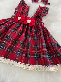 Resim Moda Lina Kız Bebek Kırmızı Ekose Salopet Bandana Set 