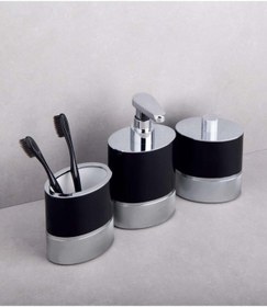 Resim DİZAYNAKS Oval Krom Siyah Sıvı Sabunluk Diş Fırçalık Pamukluk Seti 