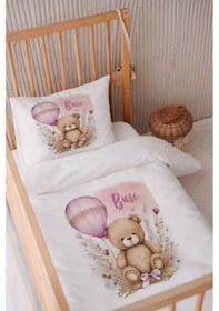 Resim %100 Pamuk Saten Isme Özel Isimli 100x150 Bebek Yatak Nevresim Seti Ayıcık 6 