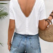 Resim Kadınlar için Rahat Sırtı Açık Düğmeli T-Shirt - Kısa Kollu, Zeytin Yeşili, Hafif Yazlık Üst, V Yaka, Rahat Kıyafetler İçin Mükemmel, Bayan T-Shirt'ler 