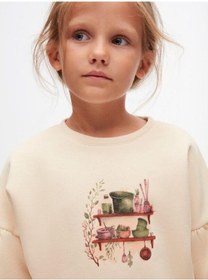 Resim Kız Çocuk Pamuklu İki İplik Önü Baskılı Sweatshirt-14712 KREM 