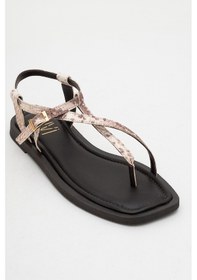 Resim Luvishoes Luvi Shoes Jamie Kahverengi Bej Desenli Hakiki Deri Kadın Parmak Arası Sandalet Bej - Kahverengi 