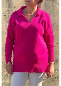 Resim Mia Butik Büyük Beden Fuşya Polo Yaka Triko Bluz -1328 Fuşya 