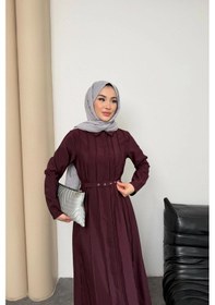 Resim Mihran Butik Quenn Model Coupra Model Kumaş Kemer Detaylı Elbise Bordo 