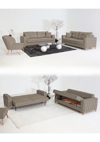 Resim Nola Koltuk Takımı 3+3+1+1 & Bazalı Yataklı Koltuk & Kanepe - Keten Latte 