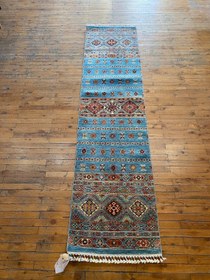 Resim Turquoise 2x8ft Turkish Runner Rug - Natural Dye Hallway Carpet 