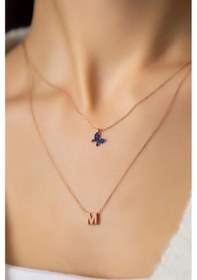 Resim Papatya Silver 925 Ayar Gümüş Rose Kaplama Kadın Asansörlü Lacivert Kelebek ve Harf Model Kolye 