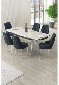 Resim Canisa Nis Serisi 89x150 Açılabilir Lak Panel Beyaz Mermer Krom Ayak Masa Takımı Ve 6 Antrasit Sandalye Masa Beyaz Mermer Sandalye Antrasit Ayaklar Gold 