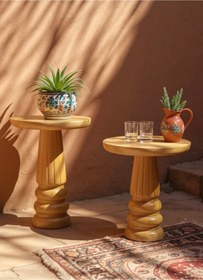 Resim ASELYA HOME Doğal Ahşap 2’li Set Mantar Yan Sehpa Modern Vernikli Fiskos Zigon Çiçeklik 