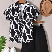 Resim KIKOFENDY Erkek Çocuklar için 2 parça Set, Rahat Geometrik Baskılı Kısa Kollu Gömlek & Şort, Polyester %95 Elastan %5 Standart Fit, Bahar/Yaz Koleksiyonu, Dış Mekan için 