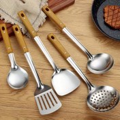 Resim 5 Parça Mutfak Pişirme Alet Seti, Ahşap Dokulu Tutamak, Isıya Dayanıklı Kalınlaştırılmış Paslanmaz Çelik, Spatula, saç tokası, Servis Kaşığı, Süzgeç, Kaymaz Tutamak, Gıda İletişim Güvenli, Ev Mutfak Malzemeleri 