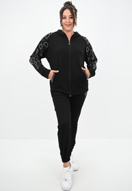 Resim Kadın Büyük Beden Kapüşonlu Taş Süsleme Detaylı Eşofman Takımı 8129-25 - 3XL / Şeker Pembe 