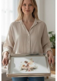 Resim Altın Çerçeveli Kuş Motifli Lüks Sunum Tepsisi - 44x30 Cm Diğer 