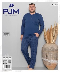 Resim Pijamoni Erkek Battal Düğme Yaka Penye Uzun Kol Pijama Takımı 6720/9 - 1 Adet Mavi 