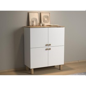 Resim Nora Bohem Konsol Ayakkabılık Çok Amaçlı Dolap Mutfak Dolabı 90 Cm 4 Kapaklı Atlantik Çam / Beyaz Kahverengi 