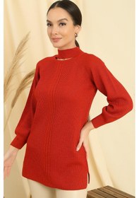 Resim By Saygı Boyun Dekolteli Saç Örgülü Desen Büyük Beden Spor Tunik Kazak-35198 - Mercan 