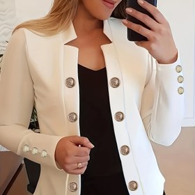 Resim Kadınların Hafif Turuncu Blazerı Altın Düğme Detayları ile - Rahat Uzun Kollu Ceket, Düğme Önü, Tüm Mevsimler için Çok Yönlü Dış Giyim, Rahat Şık Giyim | Düğmeli Ceket | Yapılı Fit 