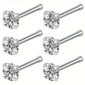 Resim 6'lı Paket Paslanmaz Çelik Burun Çivisi - Kübik Sentetik Zirkonya ile 4 Kollu Güvenli Ayar, Hipoalerjenik Uniseks Erkek ve Kadınlar için Günlük Kullanım Takıları 