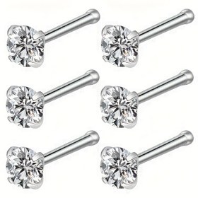 Resim 6'lı Paket Paslanmaz Çelik Burun Çivisi - Kübik Sentetik Zirkonya ile 4 Kollu Güvenli Ayar, Hipoalerjenik Uniseks Erkek ve Kadınlar için Günlük Kullanım Takıları 